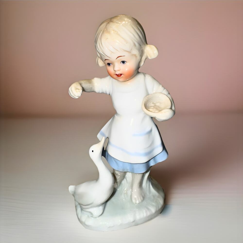 Vintage Porcelain Girl with Goose Figurine Made in Taiwan Cottagecore Decor 1980